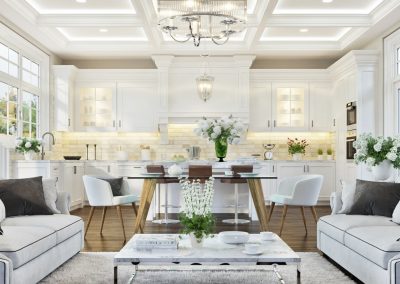Open concepts living room kitchen white furniture and cabinets
